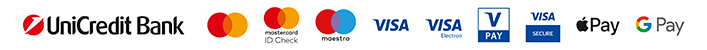 Kártyatársasági logók UniCredit Bank hivatalos fizetési partner Fizetés Mastercard bankkártyával Mastercard ID Check biztonságos hitelesítés támogatott Fizetés Maestro bankkártyával Fizetés Visa bankkártyával Fizetés Visa Electron bankkártyával Fizetés V Pay bankkártyával Visa Secure biztonságos fizetési rendszer támogatott Fizetés Apple Pay alkalmazással Fizetés Google Pay alkalmazással